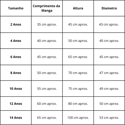 Tabela de medidas para roupas infantis, tamanhos 2 a 14 anos com comprimentos de manga, altura e diâmetro em cm