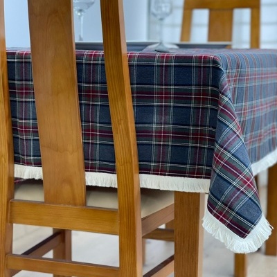 Toalha de mesa xadrez azul, vermelho e branco com franjas em mesa de madeira clara e cadeiras