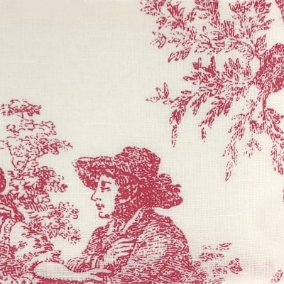 Tecido branco com padrão ilustrado em vermelho