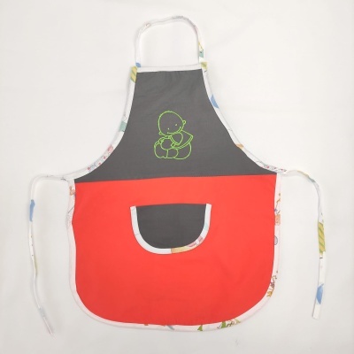 Avental cozinha cinzento e vermelho com bolso e desenho de pato verde