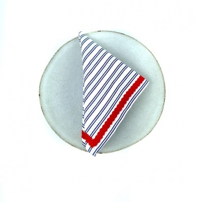 Prato cinza claro com guardanapo riscado azul e vermelho sobre fundo branco