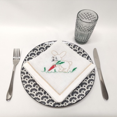 prato cerâmica azul e branca com guardanapo bordado, faca, garfo e copo de vidro