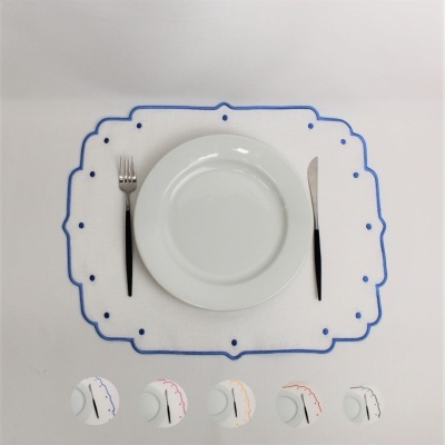 Conjunto de prato branco com individual branco e borda azul, garfo e faca com cabos pretos