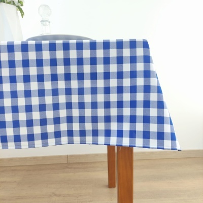 Toalha de mesa azul e branca xadrez numa mesa de madeira