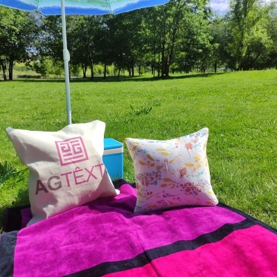 Almofadas decorativas em relvado com toalha colorida e sombrinha azul