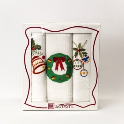 Conjunto de panos de cozinha brancos com bordados natalícios em embalagem AGTÉXTIL