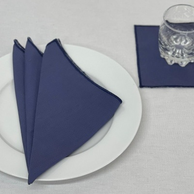 Guardanapos de tecido azul escuro em prato branco e copo transparente sobre porta-copo azul escuro