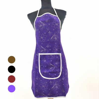 Avental roxo com padrão floral e de gatos, bolso frontal e bordas brancas