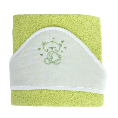 Toalha de banho verde com capuz branco e bordado de ursinho