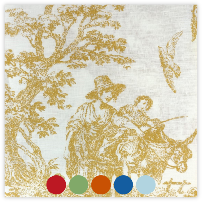 Tecido branco com estampa dourada de cena campestre com pessoas e animais