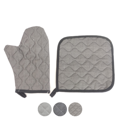 Conjunto de cozinha luva e suporte acolchoados cinzentos com padrão de ondas e bordas pretas