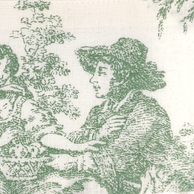 tecido branco com padrão verde de figura humana e natureza