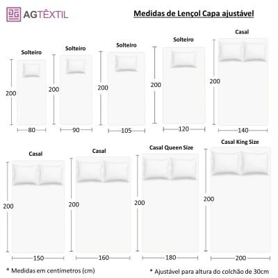Ilustração de lençóis ajustáveis para vários tamanhos de cama com medidas em centímetros e texto em português e espanhol.