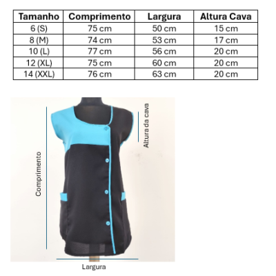 Roupagem preta com detalhes azuis e tabela de tamanhos