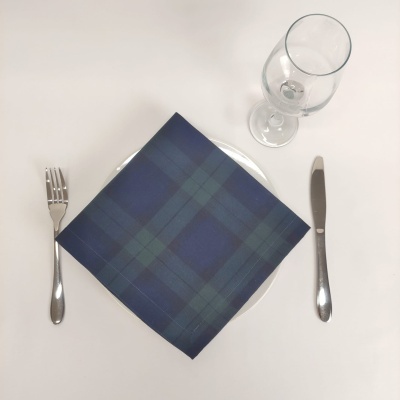Conjunto de jantar com guardanapo padrão xadrez azul e verde, talheres prateados e copo de vidro sobre fundo branco