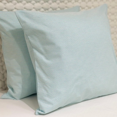 Duas almofadas quadradas riscas azul claro e branco