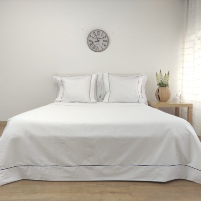 Cama de casal com roupa branca e detalhes em azul, relógio de parede e mesa lateral com vaso e plantas.