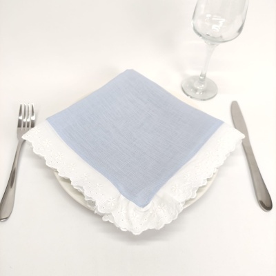 Guardanapo azul claro com borda branca de renda sobre prato branco com talheres e taça