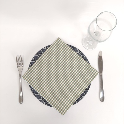 Conjunto de jantar com prato azul e branco, guardanapo xadrez, talheres inox e copo de vidro