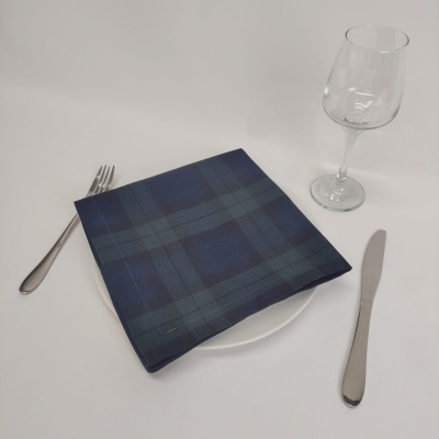 Conjunto de mesa com guardanapo xadrez azul e verde, prato branco, talheres de aço inox e copo de vinho