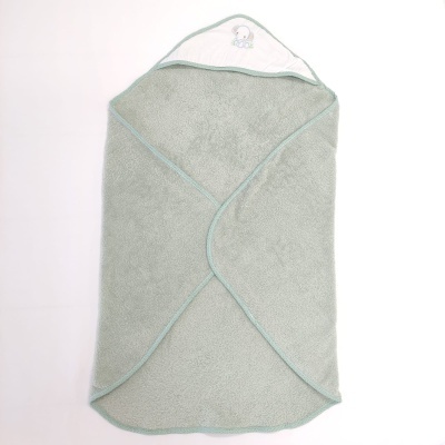 Toalha de bebé cinza com capuz branco e bordado de elefante