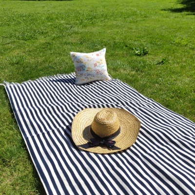 Manta riscada preta e branca na relva com chapéu de palha, óculos escuros e almofada colorida