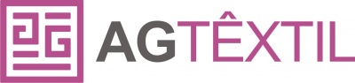 Logótipo da AG TÊXTIL com símbolo rosa e texto cinzento e rosa