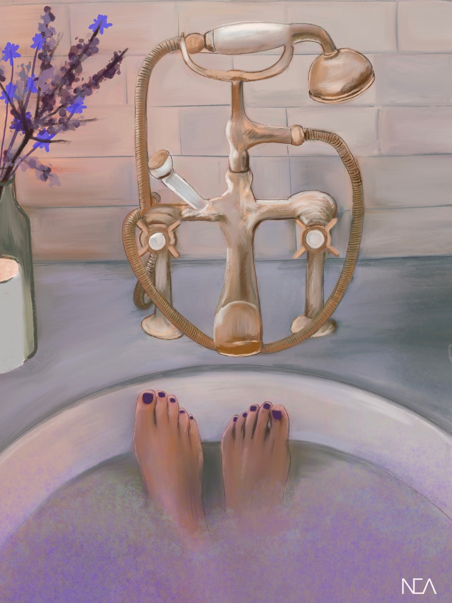 ILUSTRAÇÃO "5. ME TIME" NEA LIKAR Torneira de banho vintage em metal dourado num ambiente de banho com água lilás e flores roxas.