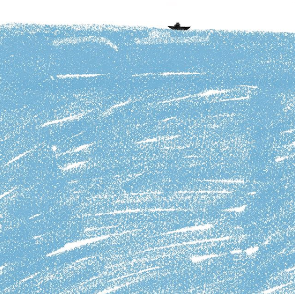 ILUSTRAÇÃO "HÁ MAIS MARÉS QUE MARINHEIROS - MAR ALTO" MARTA NUNES Mar azul com textura granulada e pequeno barco preto no horizonte