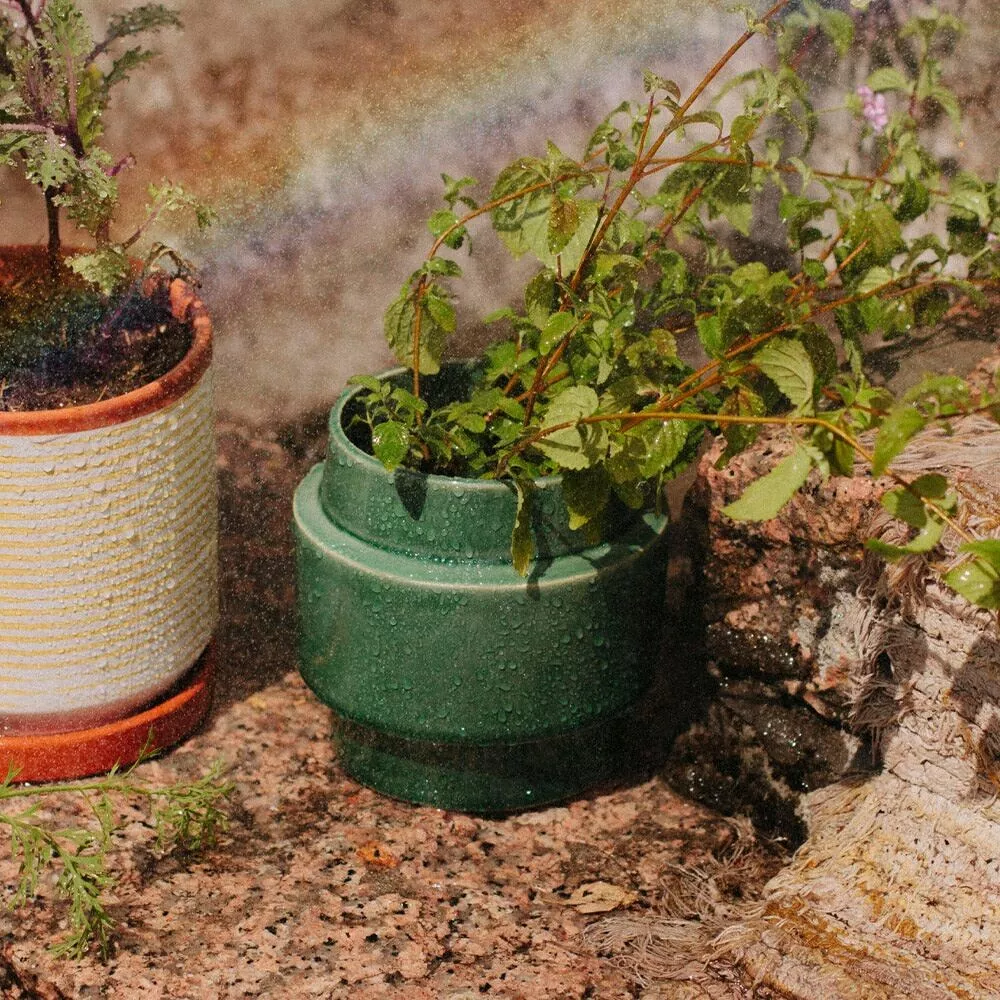 VASO "RECORTE FAIXA" VERDE ÁGUA CASA ATLÂNTICA Vasos cerâmicos com plantas verdes sobre superfície de pedra