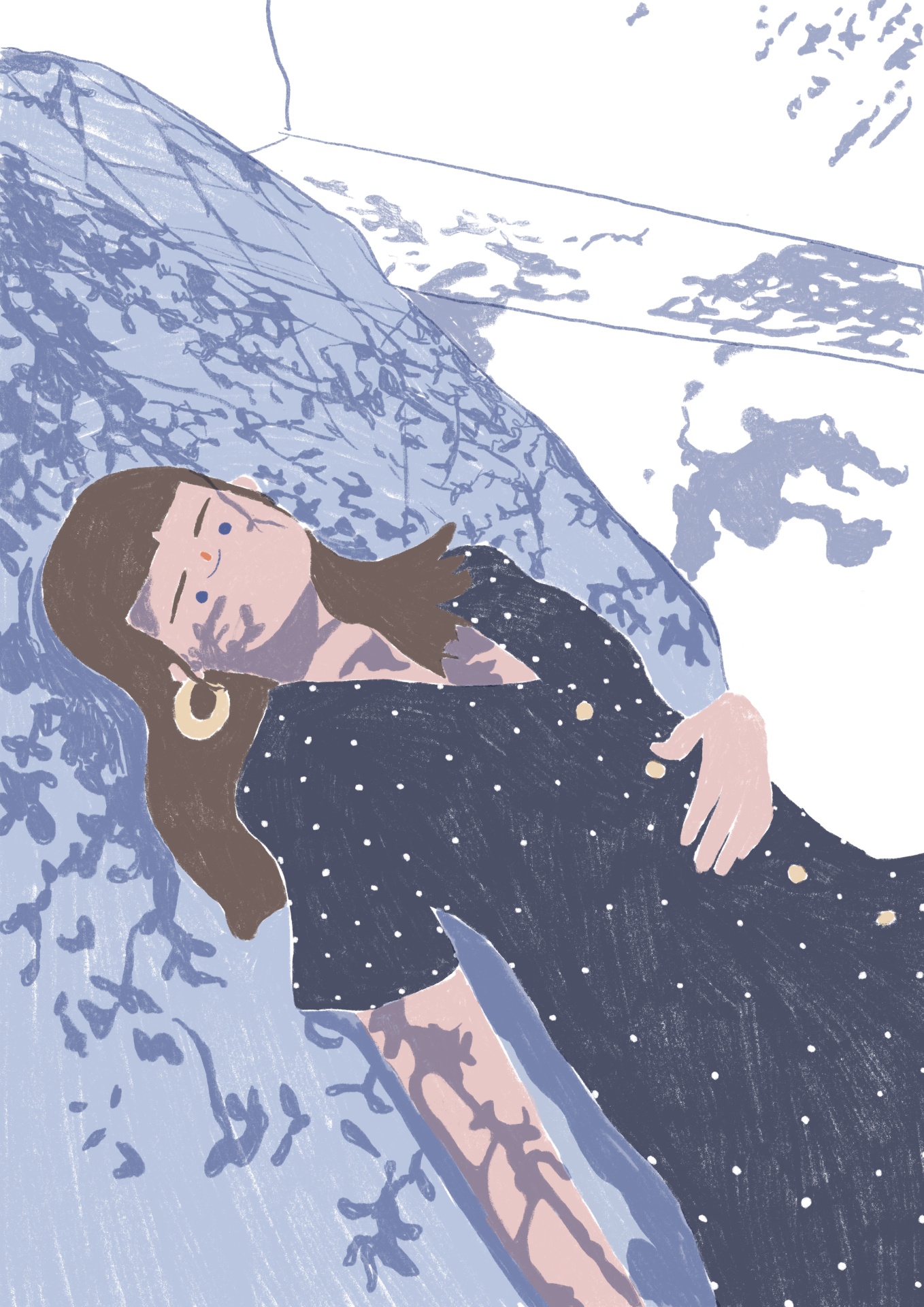 ILUSTRAÇÃO "FOTOSSÍNTESE" GAMBUZINO Mulher de vestido azul escuro com pequenos pontos brancos deitada com sombra sobre o corpo