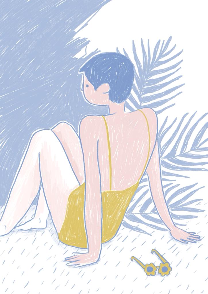 ILUSTRAÇÃO "APANHAR SOL" GAMBUZINO (MARGARIDA ELOY) Desenho de mulher de cabelo curto de costas com fato de banho amarelo e flores amarelas no chão