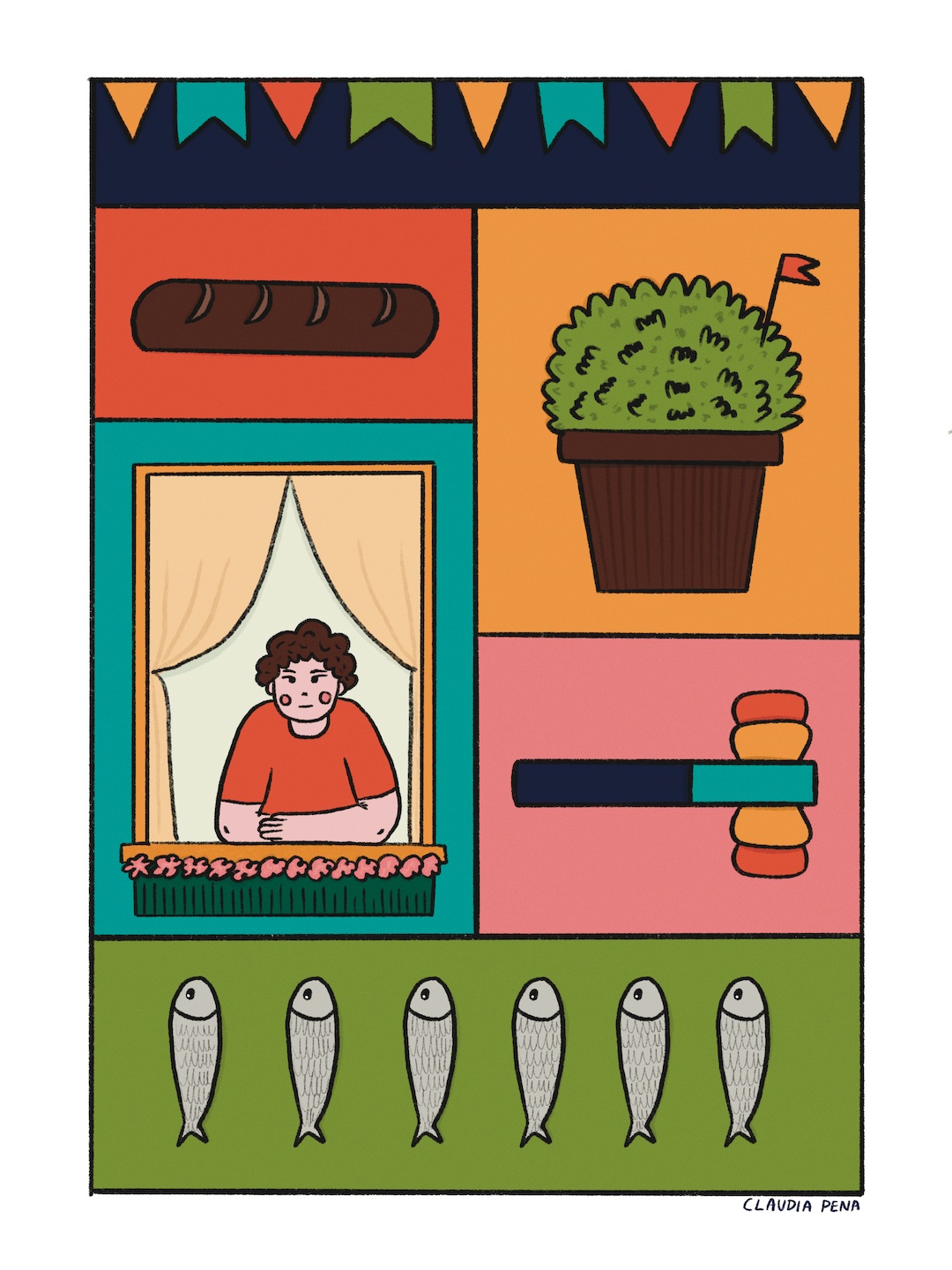 ILUSTRAÇÃO "AS CORES DOS SANTOS" CLÁUDIA PENA Ilustração colorida com pão, planta, pessoa na janela e cinco peixes