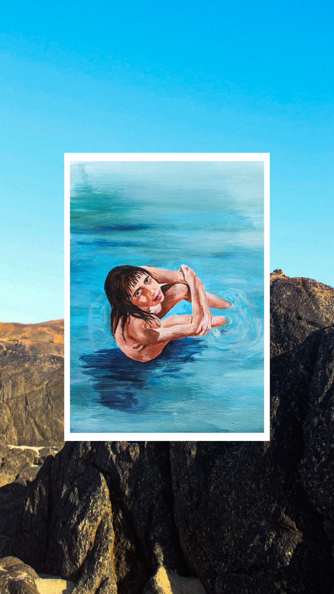 ORIGINAL "EM RETORNO" ANA LUÍSA ALMEIDA Ilustração de mulher na água com paisagem rochosa ao fundo