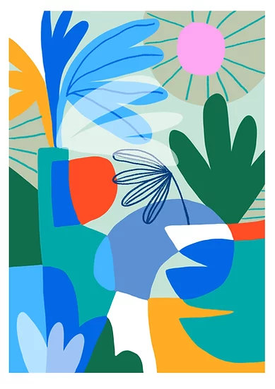 ILUSTRAÇÃO "FLOWER SUN" TERESA REGO Ilustração abstrata colorida com formas e folhas