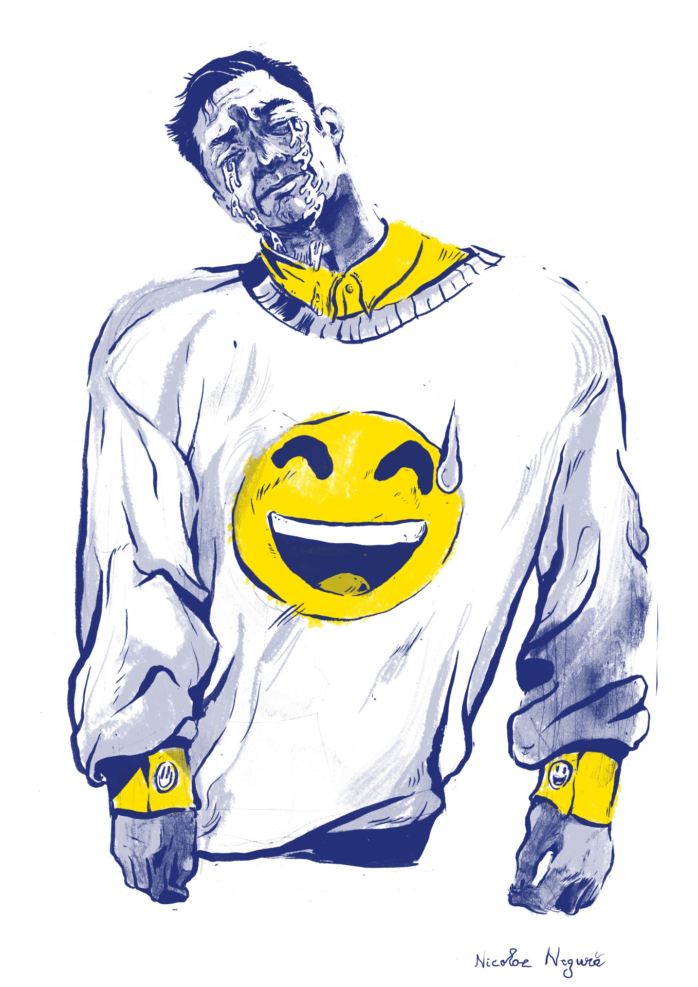 Ilustração de pessoa triste com casaco branco e emoji amarelo sorridente