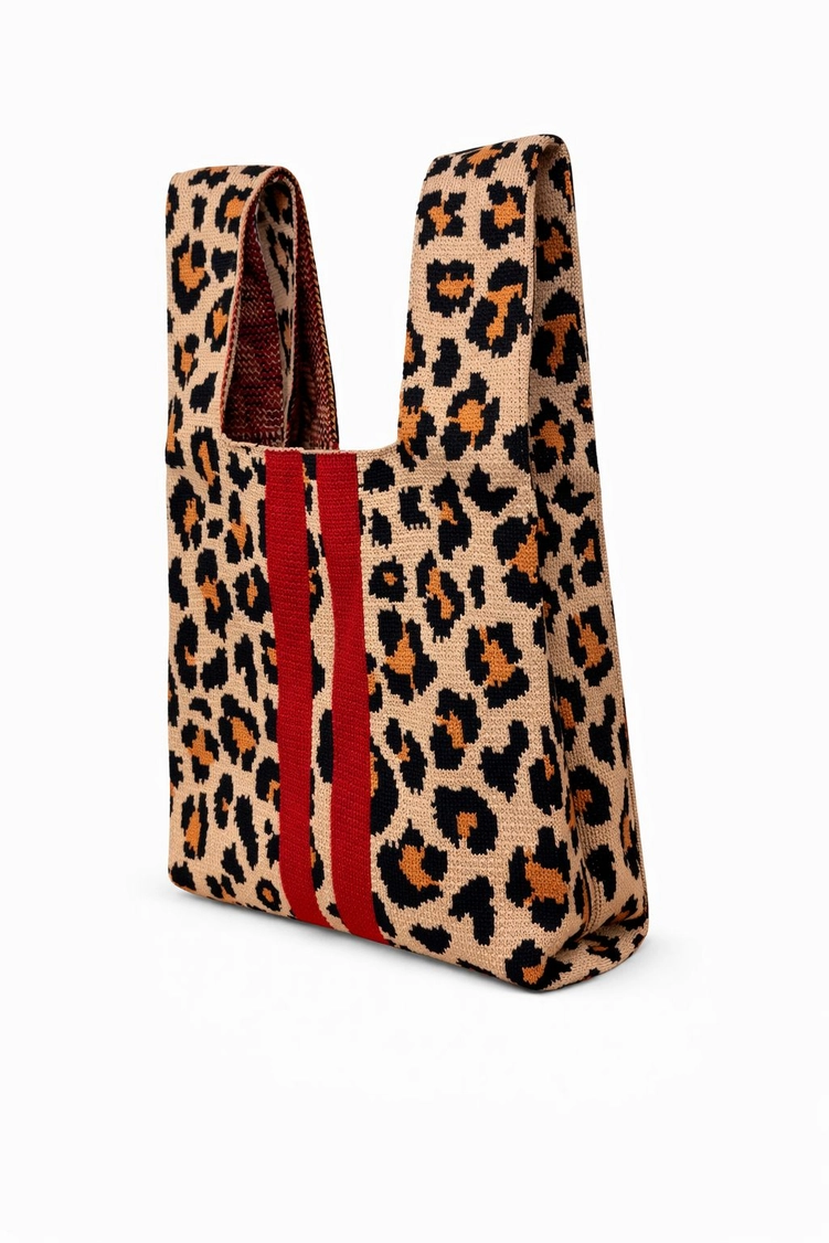 MALA DE MALHA LEOPARDO M- TOKEII KNIT STUDIO Mala de tecido com padrão de pele de leopardo e riscas vermelhas