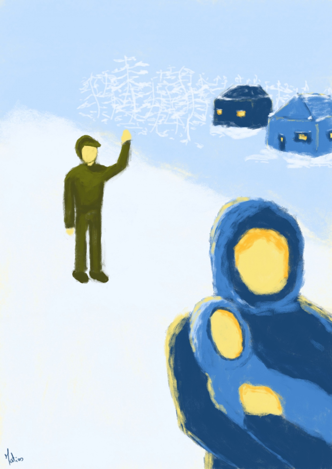 ILLUSTRATING FOR UKRAINE 64 🇺🇦 Ilustração digital de duas pessoas em ambiente nevado com casas ao fundo.