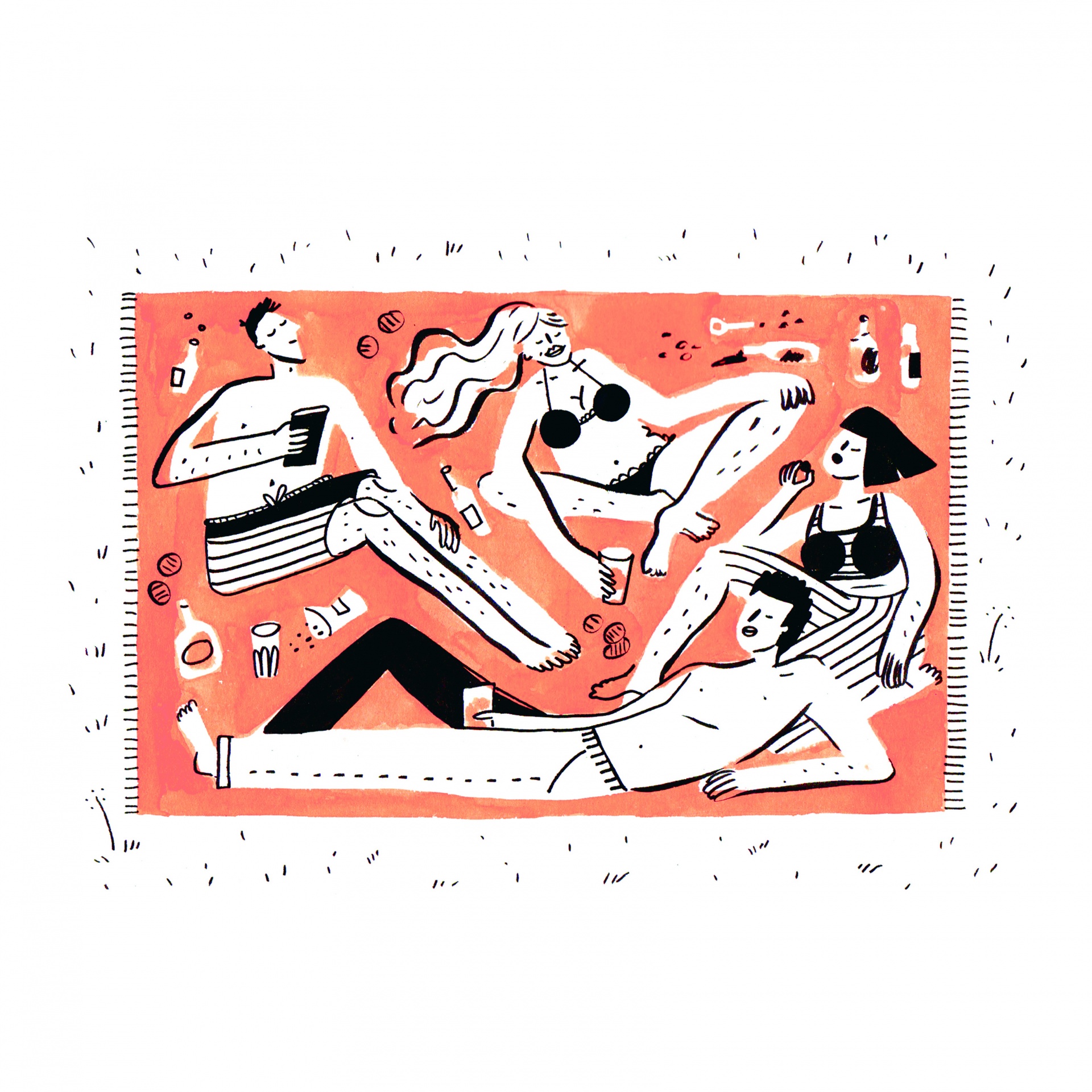ILUSTRAÇÃO "FRIENDS" GABRIELA ARAÚJO Quatro pessoas em roupa de banho a relaxar num tapete cor de coral com bebidas e acessórios