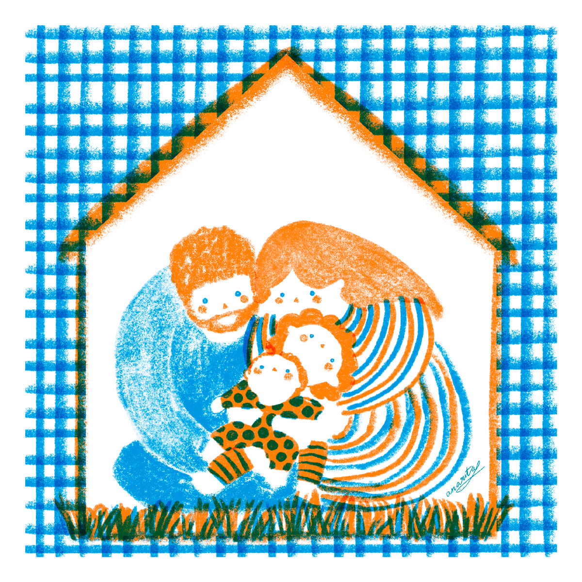 AZULEJO "APERTADOS ABRAÇOS" ANA RITA ROBALO Ilustração de família dentro de casa com padrão xadrez