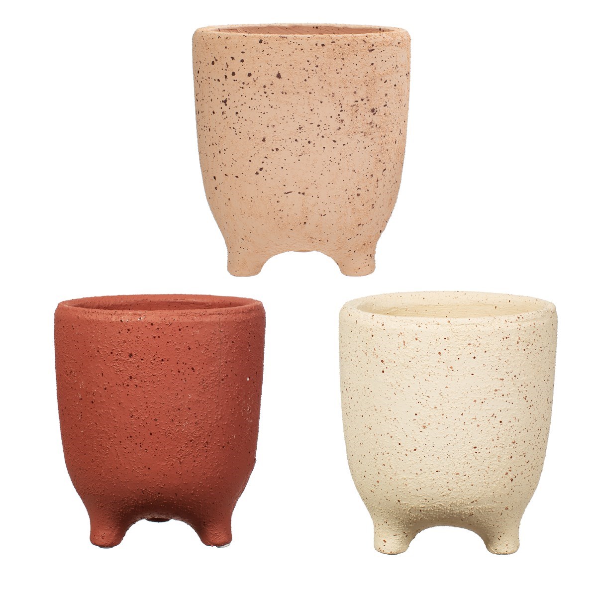 Conjunto de três vasos de cerâmica nas cores bege, terracota e creme com textura pontilhada e três pernas