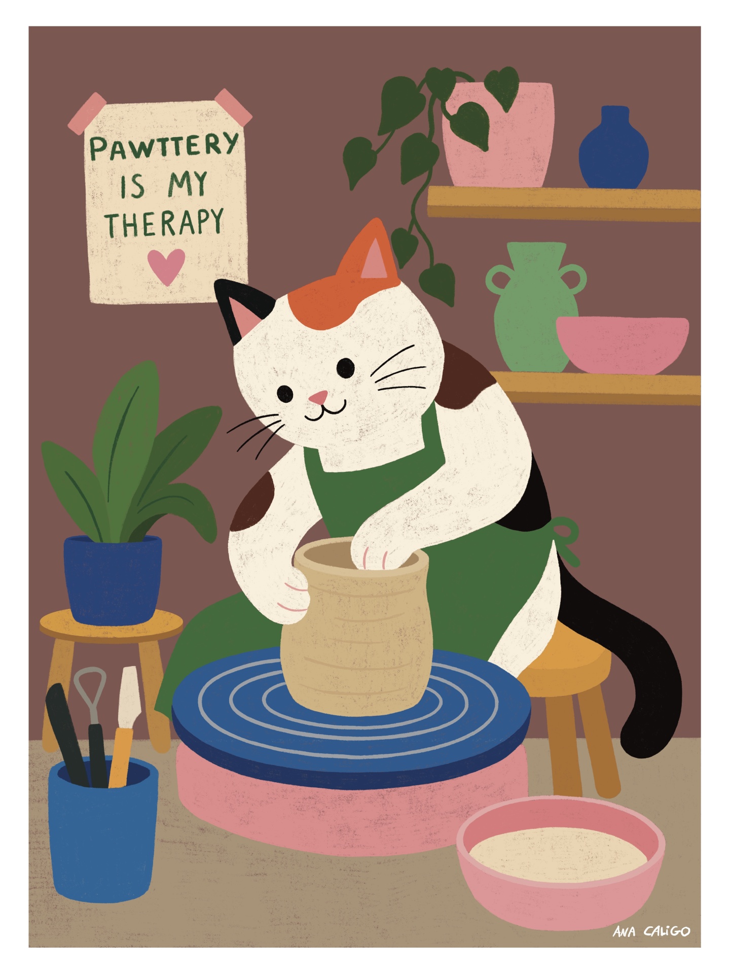 ILUSTRAÇÃO "PAWTTERY" ANA CALIGO Gato a fazer cerâmica com planta e cartaz na parede