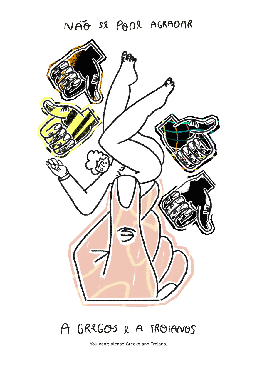 ILUSTRAÇÃO "GREGOS E TROIANOS" MARIA CAPAZ Ilustração artística com dedo gigante segurando figura humana e quatro polegares para baixo, texto em português e inglês