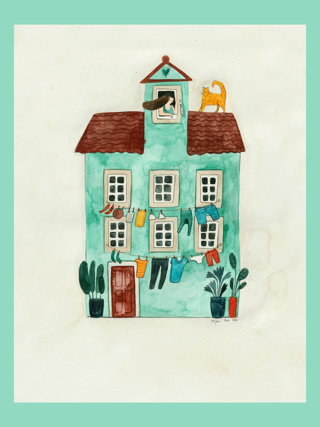 ORIGINAL "1. HOUSE WITH LIFE" MIRJAM SIIM Desenho de casa verde com telhado castanho, roupas penduradas e gato no telhado