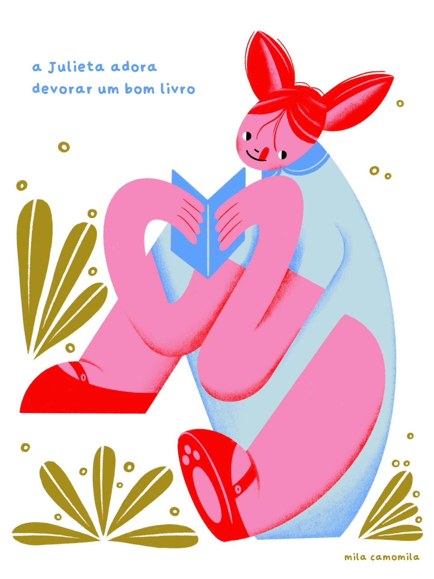 ILUSTRAÇÃO "JULIETA" MILA CAMOMILA Ilustração de menina rosa com cabelo vermelho e vestido azul a ler um livro azul