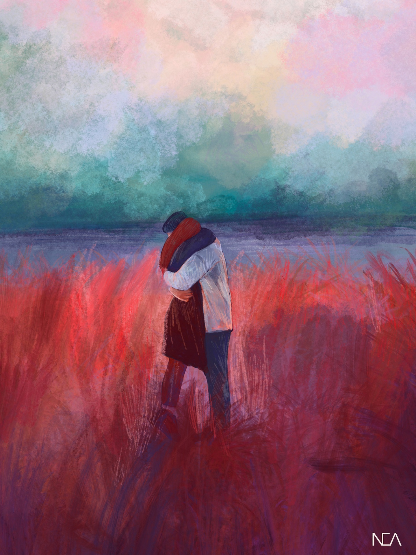 ILUSTRAÇÃO "15. BELONGING" NEA LIKAR Imagem artística de casal a abraçar-se em campo de relva vermelha sob céu em tons pastel