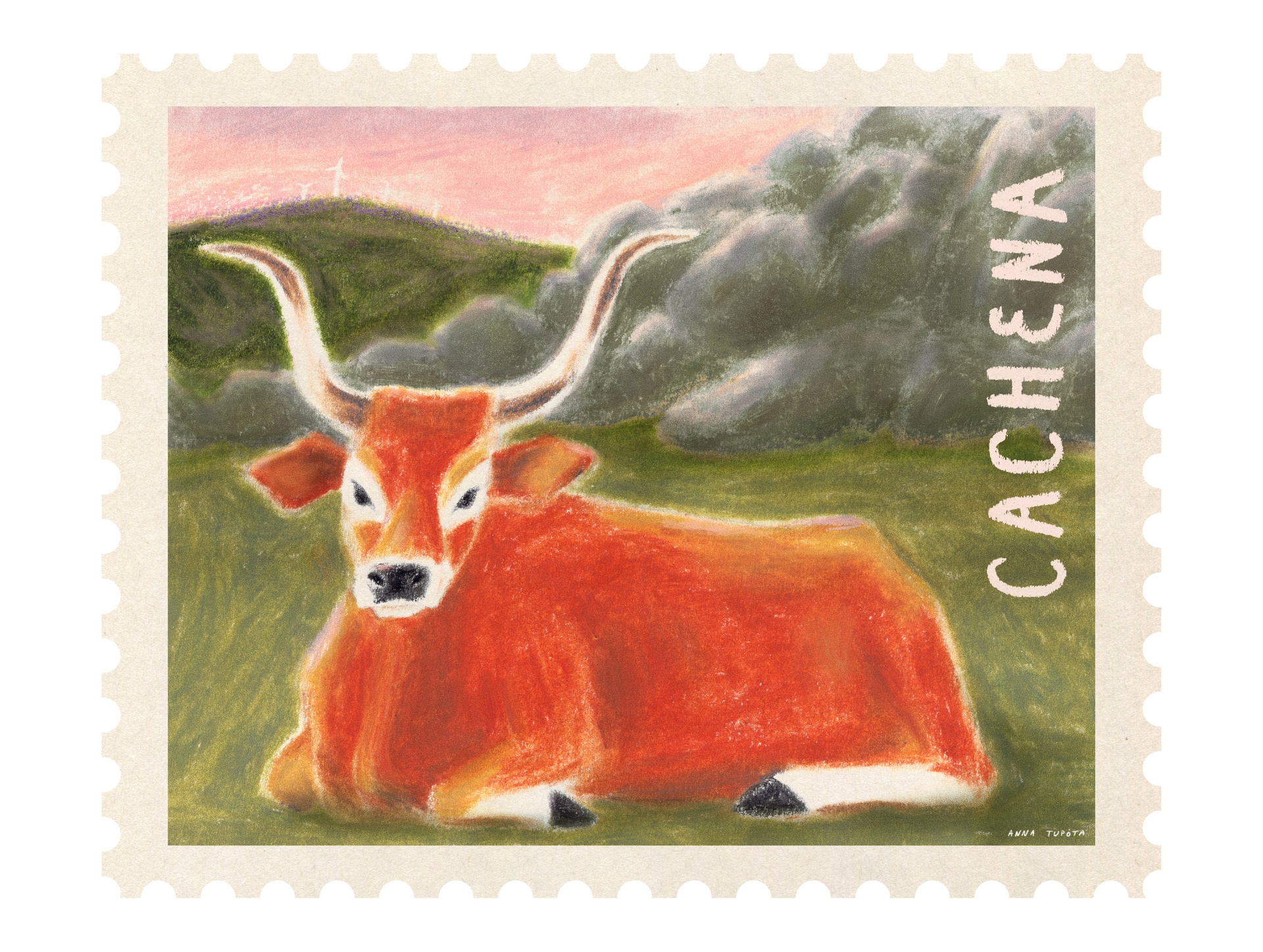 ILUSTRAÇÃO "2. CACHENA" ANNA TUPOTA Selo ilustrado com vaca castanha de chifres longos em paisagem natural e texto CACHENA