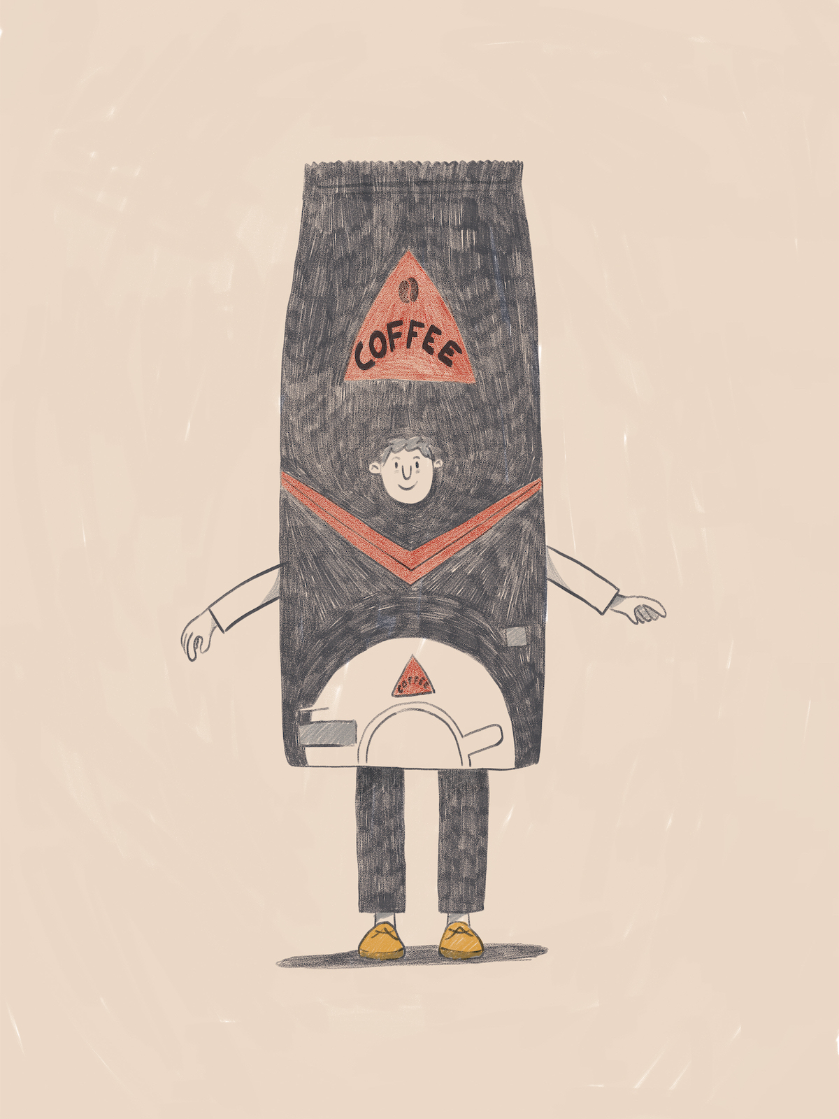 ILUSTRAÇÃO "MASK" JOÃO COSTA Personagem fantasiada de pacote de café preto com texto 'COFFEE'