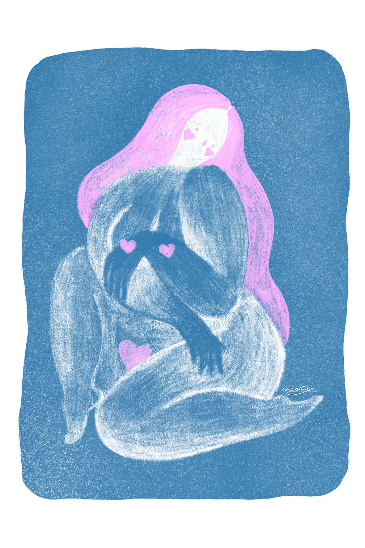ILUSTRAÇÃO "ORGULHO PÚDICO" ANA RITA ROBALO Ilustração de figura feminina com cabelo rosa e corações cor-de-rosa em fundo azul