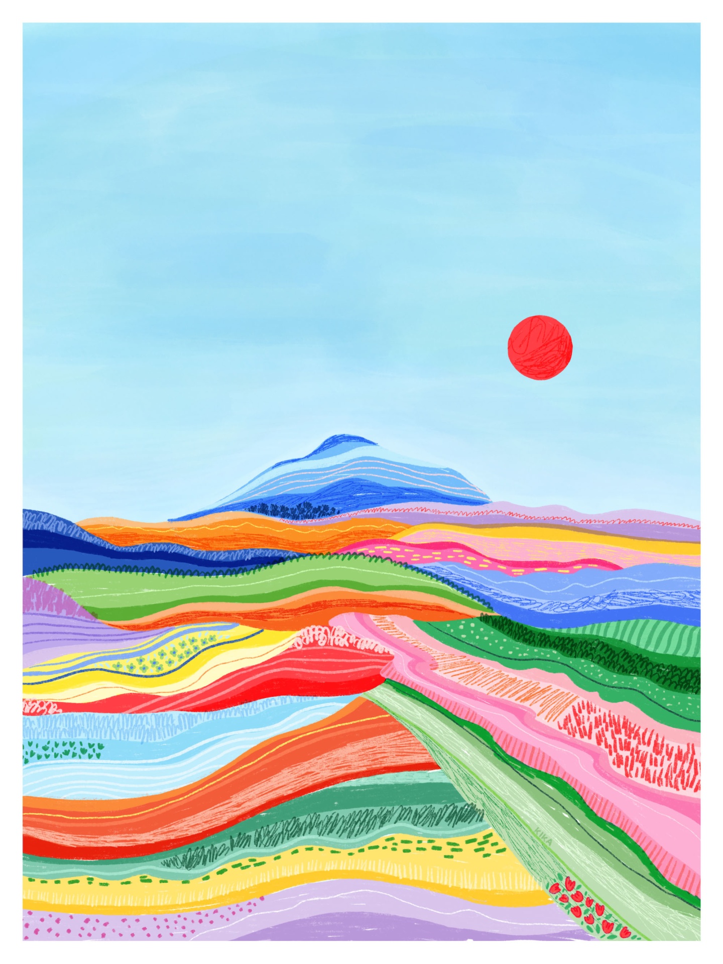 ILUSTRAÇÃO "SO INCREDIBLY HIGH" KIKA Pintura abstracta colorida com colinas onduladas e sol vermelho